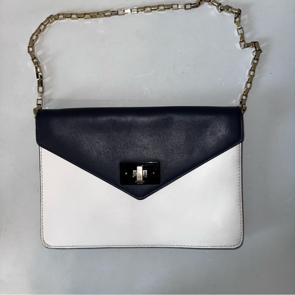 Kate Spade Post Street Madison Clutch Navy White Striped Nautical‎ Gold Chain